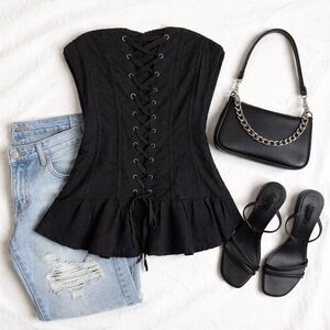 H&M Divided Black Strapless Lace-Up Corset Peplum Y2K Top Mini Dress Size 6